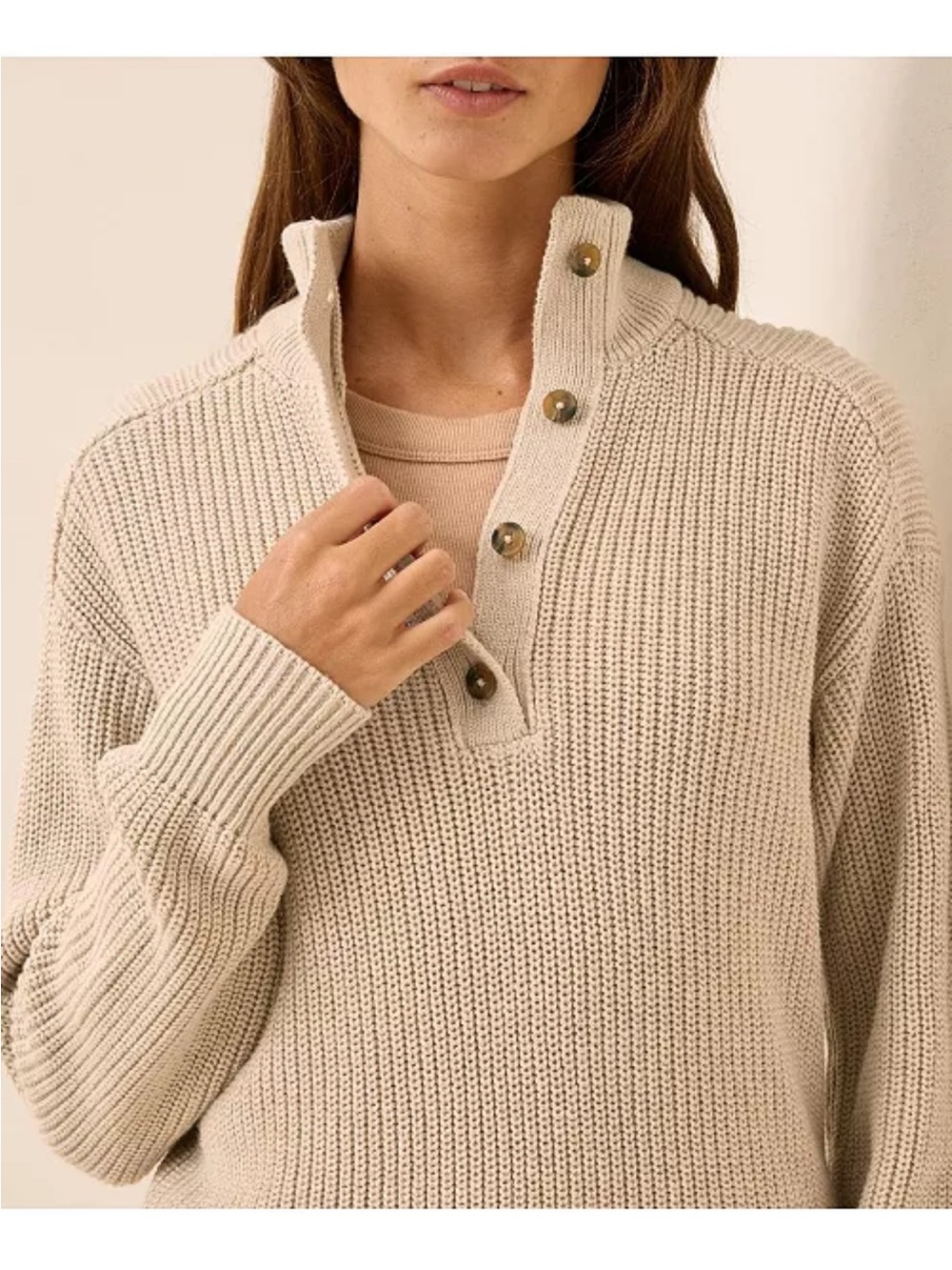 PACT size XXXL Organic Cotton Luxe Knit Henley Sweater in Flax Heather - Beige - Picture 2 of 8